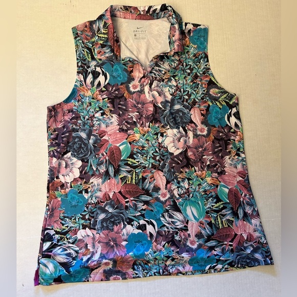 Nike Dri Fit Blue Pink floral Sleeveless Polo golf Tank Top Sz-L. H18 - Picture 6 of 10